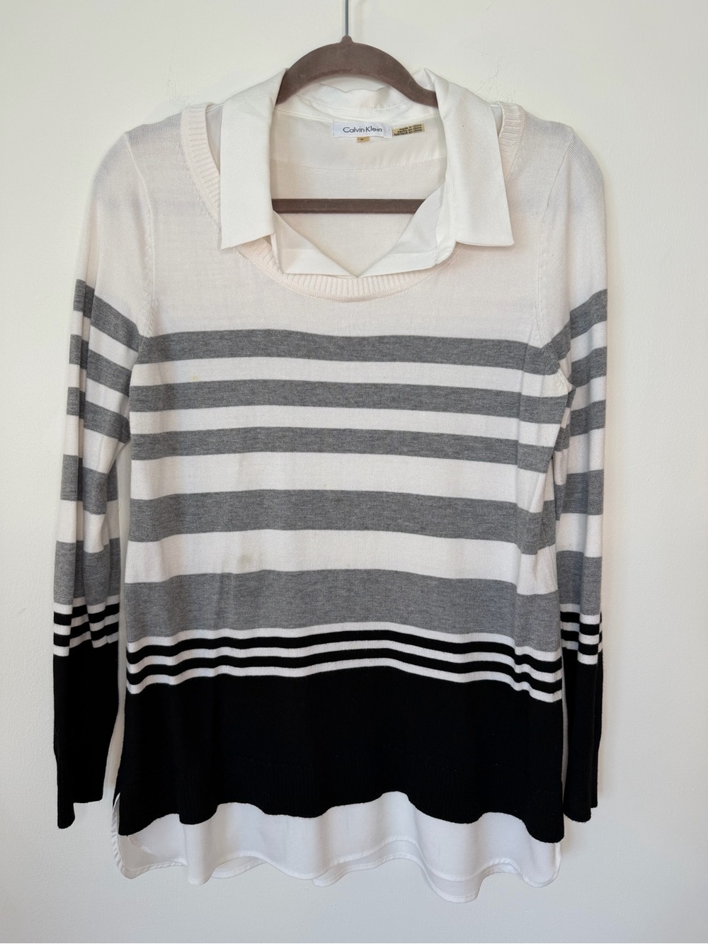 Calvin Klein Ivory & Charcoal Striped Layered Sweater size Medium woman blouse